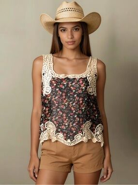 CRYSTAL K | Sheer Floral Crochet Lace Tank Top